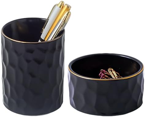 Aesthetic Desk Organizer Set of 2 For Office, Ceramic Pen Holder and Paper Clip Holder Dispenser, Cute Pencil Cup Pot for Desk, Desktop Accessories For Women Men, Office Decor Ideal Gifts (Black Set) by YOSCO