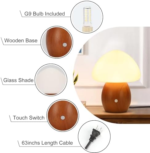 Mushroom Lamp with Touch Control Switch, Small Wooden Table Lamp with Glass Shade, 3 Way Dimmable Nightstand Lamp for Bedroom, G9 LED Bulb Included (Brown Color&Opal White Glass Shade) - Image 6