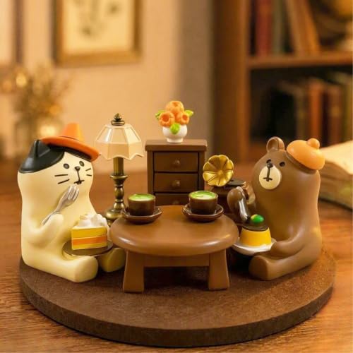 Miniature Animal Desk Decor Set, Cat & Bear Tea Party Scene Figurine by Unknown
