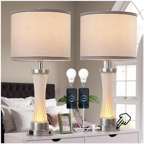 3-Way Dimmable Table Lamp Set of 2,Touch Control Lamp with Night Light,Modern Crystal Table Lamps for Bedroom,Living Room，Bedside Lamps with USB A+C Ports，Fabric Lampshade(Blubs Included) - Image 2