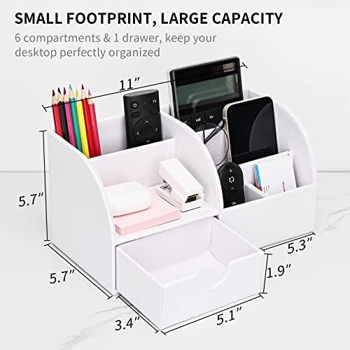 KINGFOM Pu Leather Desk Organizer Pen Pencil Holder Office Supplies Caddy Storage Box 6 Compartments with Drawer White (Full Pu Leather) - Image 6