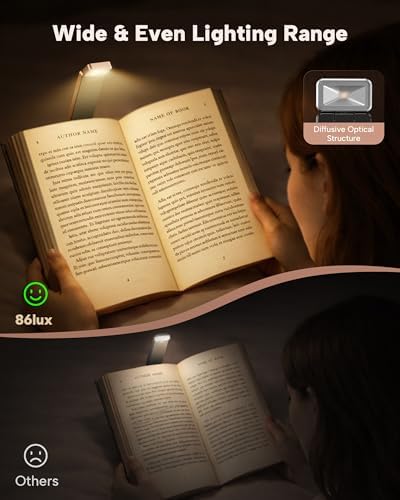 86lux Book Light, Rechargeable Clip-On LED Reading Light for Bed & Night Use - 3 Color Temperatures with Stepless Dimming, Ultralight Bookmark Design for Kids, Book Lovers, Pink Brown - Image 2