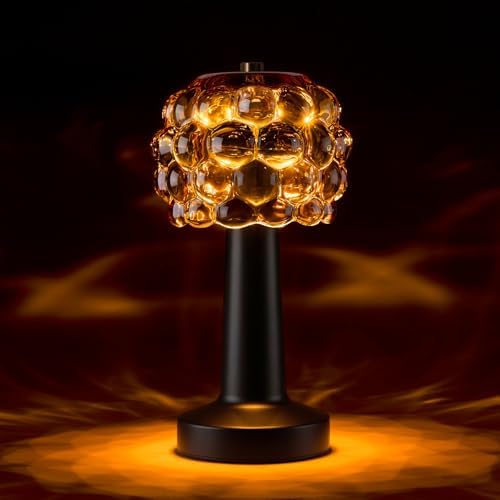 Cordless Table Lamp Rechargeable, Amber Glass Touch Lamp with 3 Color Modes & Stepless Dimming, Battery Operated Bedside Night Light, Housewarming Gifts for Women, Bedroom Decor by Unknown