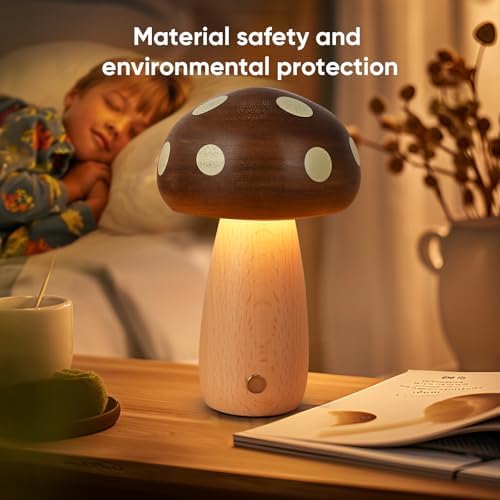 LONRISWAY LED Wooden Mushroom Lamp for Bedroom,Portable Cordless Touch Switch Small Rechargeable Battery Operated Lamp,Stepless Dimming, Night Light for Birthday Gifts - Image 6