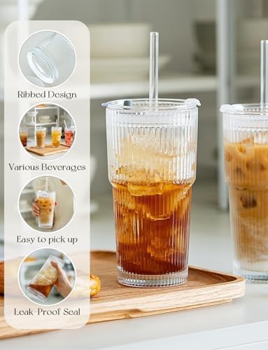 Glass Cups with Lids and Straws, 20oz Ribbed Glass Tumbler for Iced Coffee, Clear Drinking Glass with Reusable Glass Straw, Leak-Resistant Lid, Fit for Cup Holder, Dishwasher Safe - Image 3