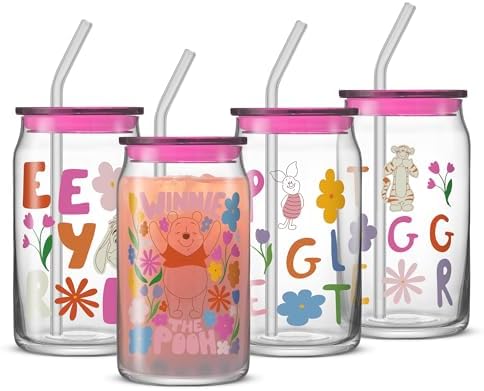 JoyJolt Disney Winnie the Pooh & Friends Flower Power Glass Tumblers with Lids and Straws, 16oz Glass Cups with Lids and Straws, Can Shaped Drinking Glasses Set of 4, Disney Gifts for Adults by JoyJolt