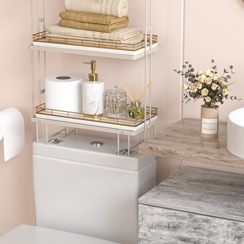Bathroom Toilet Tank Tray, 13" Wood Toilet Paper Storage Basket Tray Back of Toilet Basket Organizer,Vanity Tray for Perfume Makeup Candle Decor, Gold & White - Image 5