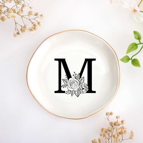 JoycuFF Initial M Ceramic Jewelry Tray, Bridesmaid Bride Gifts, Engagement Birthday Best Friend Mom Grandma Sister Gifts for Women, Trinket Dish for Rings Earrings Necklaces Bracelets Keys by Joycuff