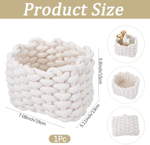 CREATCABIN Woven Small Baskets Cotton Rope Baskets for Organizing Bins White Mini Tiny Baskets Boho Square Storage Basket for Nursery Cosmetics Living Room Bathroom Cube Shelf Home Decor 7x5x6Inch - Image 2