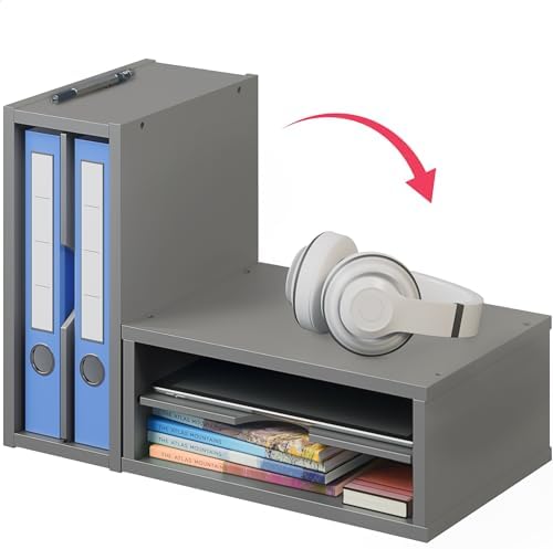 Ballucci File Organizer, 2-Tier Document Paper Sorter, Stackable Wood Desk Organizer Mail Holder, Monitor Stand with Storage Shelves, Gray - Image 5