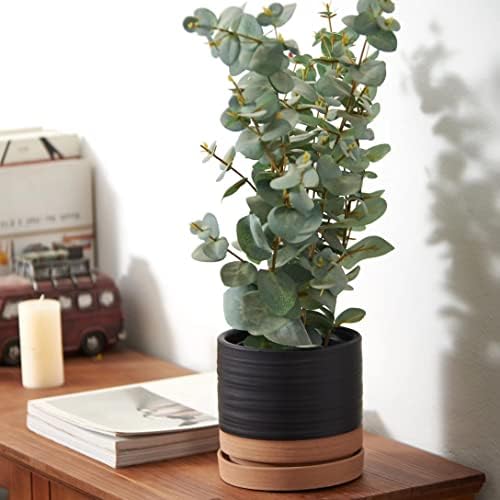 HERDUK 6 Inch Plant Pots, Ceramic Planter Pot with Drainage Hole & Saucer, Indoor/Outdoor Cylinder Round Planter Pot, Matte Black & Brown - Image 6