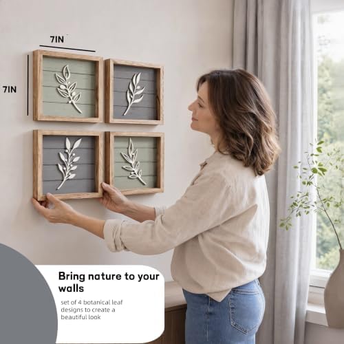 Framed 3D Bathroom Wall Art Decor, Set of 4 Leaf Plant Textured Boho Wall Art, Lightweight Farmhouse Botanical Wall Decor for Bedroom, Living Room, Bathroom or Office(7"X7" Neutral Colors) - Image 2