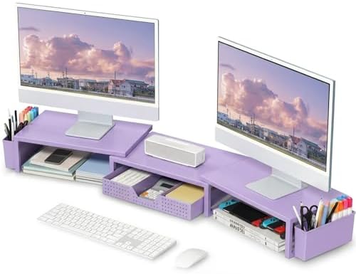 OPNICE Desk Organizers and Accessories, Dual Monitor Stand Riser with Drawer and 2 Pen Holders, Desk Shelf Printer Stand for Office Workspace Organizers, Desktop Organization (Purple) by OPNICE