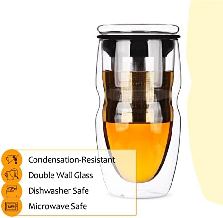 BTaT- Double Wall Glass Tea Cup With Stainless Steel Infuser and Lid, 16 oz, Borosilicate Glass Tea Mug Infuser, Gifts for Tea Lovers - Image 4