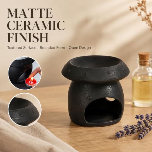 Ceramic Essential Oil Burner, Mushroom Shaped Wax Melt Burner with Tealight Candle Holder, Black Scented Oil Warmer for Fragrance Wax Melts, Home Bedroom Bathroom Decor, 4.6 x 4.2 in - Image 2