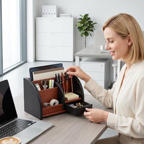Wood Desk Organizer, Walnut Brown Table Top Organizer, Handcrafted Wooden Desktop Storage for Pens, Office Supplies, and Small Items.. - Image 6