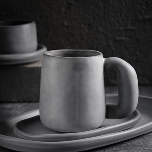 Uaral Ceramic Large Coffee Mugs,Pottery Coffee Mug Set with jumbo handle,Handmade mugs for Coffee,Latte,Milk,Cocoa or Tea,20oz,Set of 2(Dark Gray) - Image 2