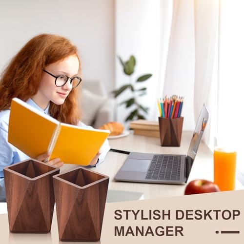 Henoyso 2 Pcs Wood Pen Holder for Desk Wooden Pencil Cups, Black Walnut - Image 4