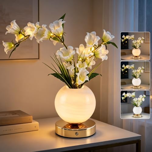 White Bellflower Flower Lamp, Rechargeable Cordless LED Floral Table Lamp by VEEKINavigation