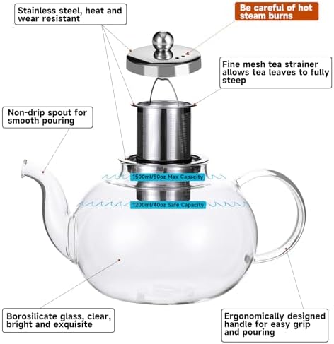 50OZ/1500ML Glass Teapot with Stainless Steel Removable Infuser & Lid, Stovetop & Microwave Safe Clear Borosilicate Glass Tea Maker Water Kettle for Loose Leaf Blooming Tea - Image 3