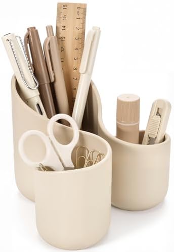 Aesthetic Desk Organizer Boho Pen Holder Modern Pencil Holder Beige Plastic Makeup Brush Organizer for Office Desk Accessories Stylish Home Office Art Decor Supplies (3 Slots) by Unknown