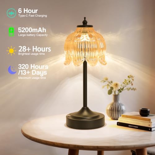Cordless Table Lamp, Rechargeable Amber Glass Lotus Flower Lamp - Image 4