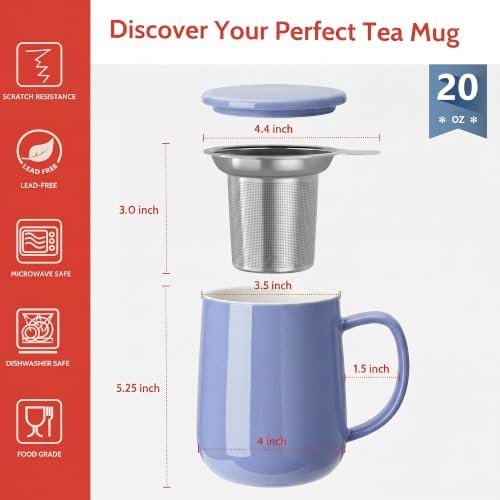 Sweese 20 OZ Porcelain Tea Mug with Infuser and Lid, Dusty Blue Tea Cup - Image 2