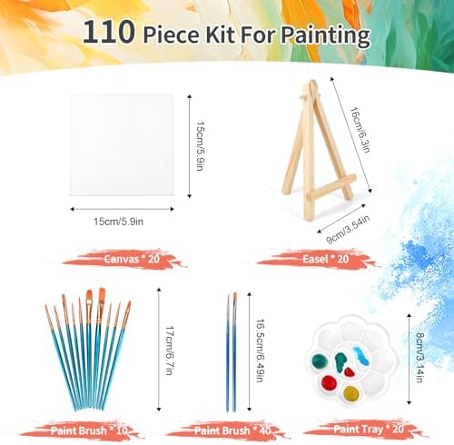 20 Pack 5.9In Canvas Boards for Painting, Art Canvas for Drawing with 10 Brushes & 5 Paint Trays, Mini Painting Canvas with Easel Set, Painting Kits for Adults Party - Image 2