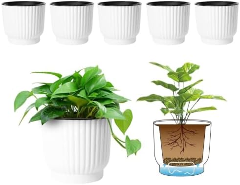 T4U Self Watering Pots for Indoor Plants, 4 Inch 6 Pack Planter White by T4U