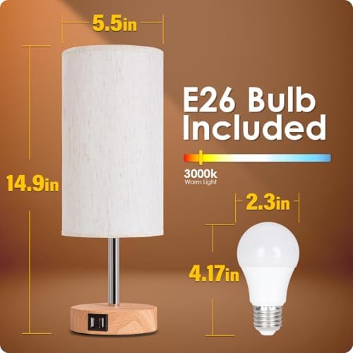 Yarra-Decor Bedside Table Lamp with USB Ports - Touch Control for Bedroom 3 Way Dimmable Nightstand Lamp with Round Fabric Shade for Living Room, Dorm, Home Office, Corded Electric, Without Battery - Image 6