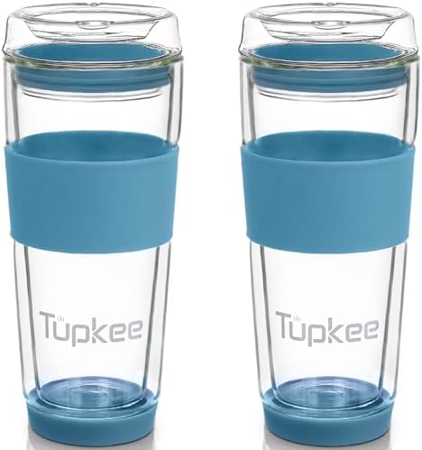 Double Wall Glass Tumbler, 14-Ounce Glass Travel Coffee Mug - 2 Pack by Tupkee