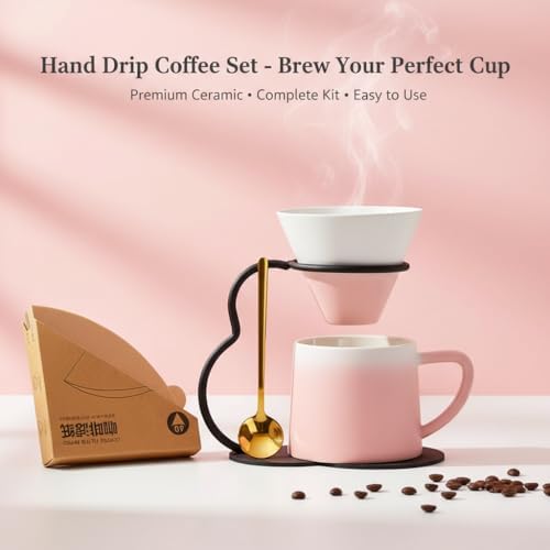 Pour Over Coffee Maker set,Ceramic Coffee Maker With V60 40 pcs Paper Filter，Metal Stand 9oz 270ml mug Pour Over Coffee Dripper Pink - Image 2