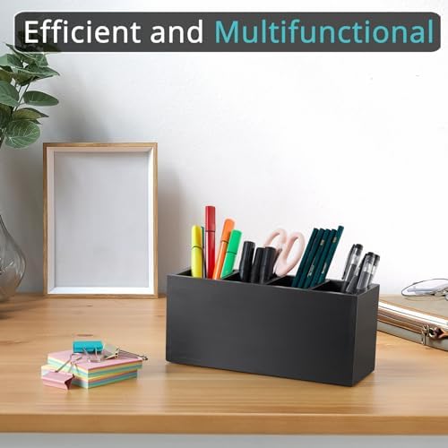 Bivvclaz Pencil Pen Holder for Desk, Wooden Office Desk Organizers and Accessories with 4 Slots for Countertop, Makeup Brush Holder Organizer for Bathroom Vanity, Silverware Caddy for Party, Black - Image 2