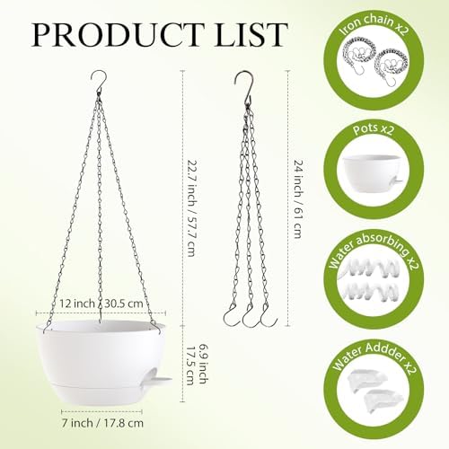 12 Inch Hanging Baskets 2 PC with Chains, Self-Watering Hanging Planters for Indoor Outdoor Plants, Plastic Hanging Flower Pots,White - Image 2