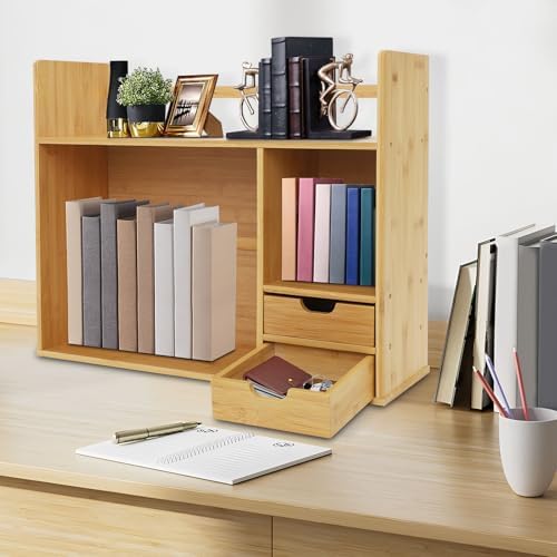 Bamboo Desk Organizer and Shelf Unit, 2-Tier Desktop Bookshelf with 2 Drawers, Sturdy Natural Tabletop Storage for Office Home Students, Space Saver, 22.83 * 18.11in, Holds 110lbs - Image 6