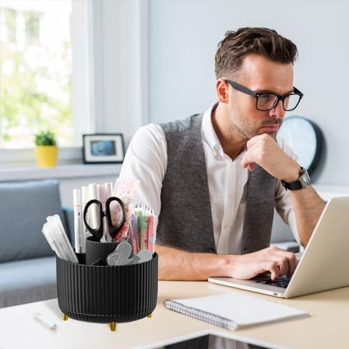 Cayxenful Pencil Holder For Desk,5 Slots 360°Degree Rotating Desk Organizers And Accessories,Desktop Storage Stationery Supplies Organizer, Cute Pencil Cup Pot For Office, School, Home (H-Black) - Image 7