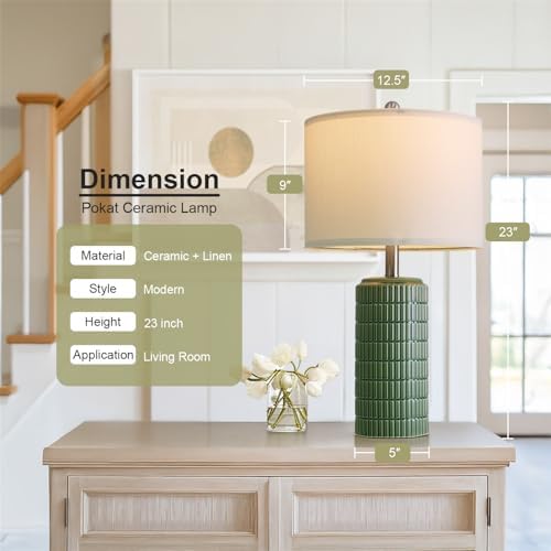 PoKat 23" Dark Green Ceramic Table Lamps Set of 2, Modern Table Lamps for Living Room, Farmhouse Lamps for Bedroom Night Stands, Traditional Nightstand Desk Decor Lamps - Image 2