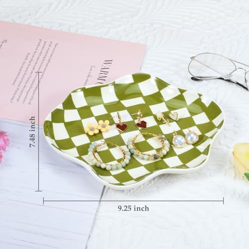 Koythin Green Plaid Ceramic Jewelry Tray, Vanity Ring Earring Trinket Dish - Image 2