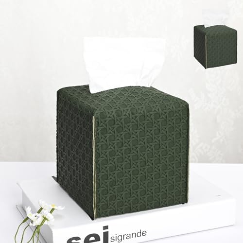HOMOTEK 2 Pack Tissue Box Cover, Square PU Leather Tissue Holder, Decorative Facial Tissue Cube Paper Organizer Dispenser for Bathroom, Night Stands, Desk, Car 5X5X5'' - Rattan Weave,Emerald Green by HOMOTEK