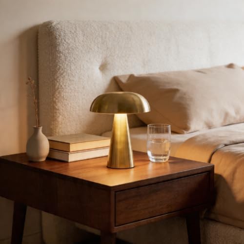 Lucerne Cordless Small 8.2 Inch Designer Table Lamp, Rechargeable Bedside Lamp, Touch Control 3 Brightness Levels, Warm White, Portable Mushroom Lamp for Dining and Shelf, Gold - Image 5
