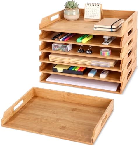 AceOrbit 6 Pcs Stackable Paper Tray Bamboo Wood Desk Organizer Letter Tray by Unknown
