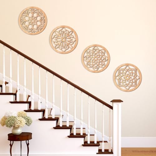 KOYILTD 4 Pieces Thicken Rustic Wall Decor,Flower Carved Wall Art,Wooden Hollow Carved Design(Round, 10in) - Image 6