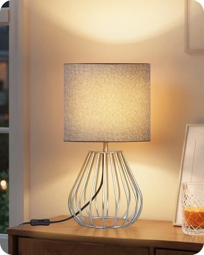 Small Table Lamp, Bedside Lamp with Gray Linen Lampshade & Silver Metal Base, Modern Nightstand Lamp, Little Cute Desk Lamp for Bedroom, Living Room, 2700K LED Bulb Included, SH06TL05 by GOEBLESON