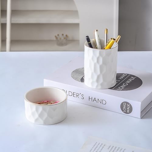 Aesthetic Desk Organizer Set of 2 For Office, Ceramic Pen Holder and Paper Clip Holder Dispenser, Cute Pencil Cup Pot for Desk, Desktop Accessories, Office Decor for women men Ideal Gifts (White Set) - Image 2
