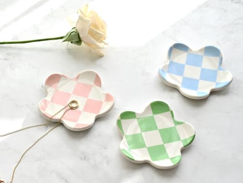 Blue Checkered Jewelry Dish, Cute Ceramic Flower Trinket Tray for Rings & Earrings, Trendy Teen Girls Birthday Gifts, Aesthetic Room Decor for Nightstand Vanity Bathroom Sink & Dorm Desk, 3.8" - Image 6