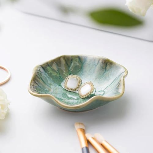 Ceramic Jewelry Dish Tray - 4-Leaf Clover Ring Holder Lotus Trinket Tray, Elegant Decorative Gift for Women (2Pcs Green - Lotus Leaf) - Image 4