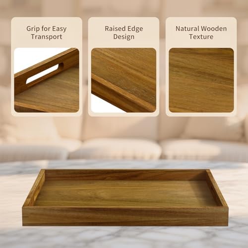 17 inch Acacia Wood Serving Tray with Handles, Decorative Display Tray for Coffee Table, Breakfast in Bed, Food Dinner - Image 5