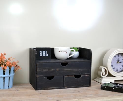 Vintage Rustic Wooden 3 Drawer with Shelf Office Desk Organizer & Mail Rack For Desktop,makeup holder Box for Office Home Toiletries Supplies Vanity, No Assembly Required (Rustic Black) - Image 5