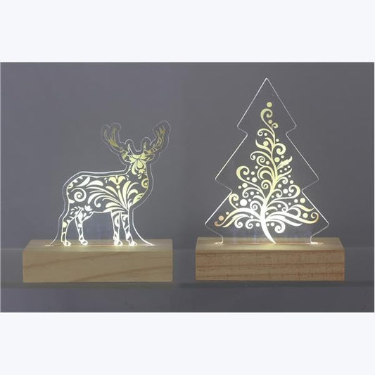 Young's Inc Acrylic LED Deer & Christmas Tree Light-Up Tabletop Decor, Set of 2 Warm White Glow with Timer, Wooden Base, Holiday Mantel, Entryway & Office Christmas Decorations