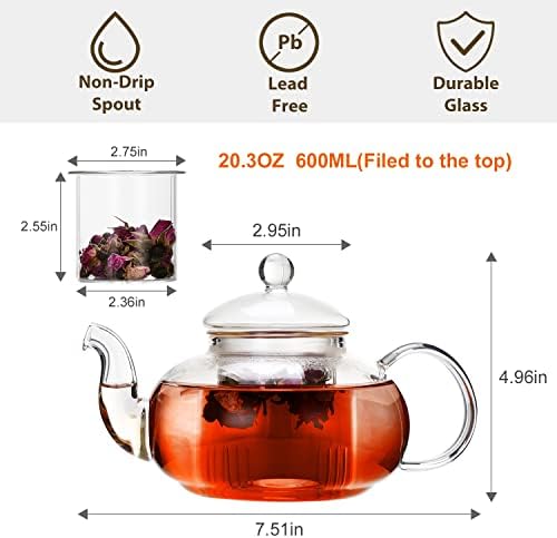 CNGLASS Glass Teapot Set,20oz Clear Tea Pot with 4 Double Wall Teacups,Stovetop Safe Tea Kettle,Blooming Loose Leaf Tea Maker Gift,Microwave Dishwasher Safe - Image 2
